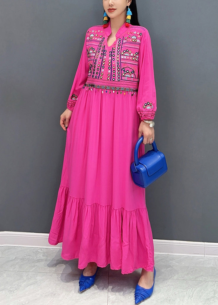 Beautiful Rose Embroidered Patchwork Cotton Long Dresses Fall