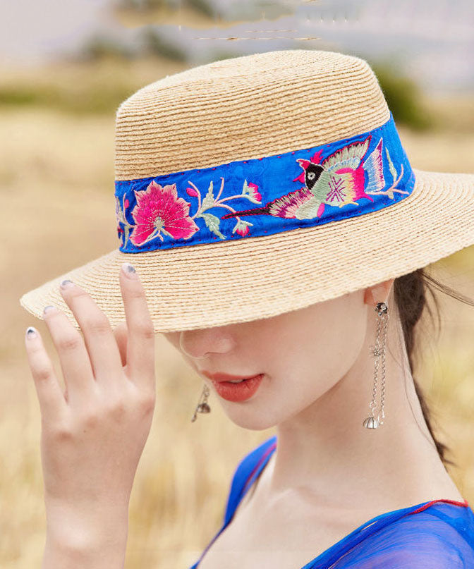 Beautiful Rose Embroideried Straw Woven Beach Floppy Sun Hat