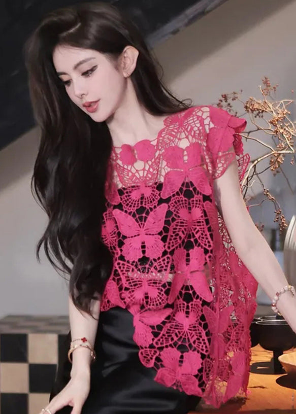 Beautiful Rose O-Neck Butterfly Hollow Out Lace Top Sleeveless