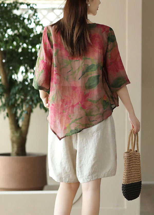 Beautiful Rose O Neck Print Button Patchwork Linen Blouses Tops Summer