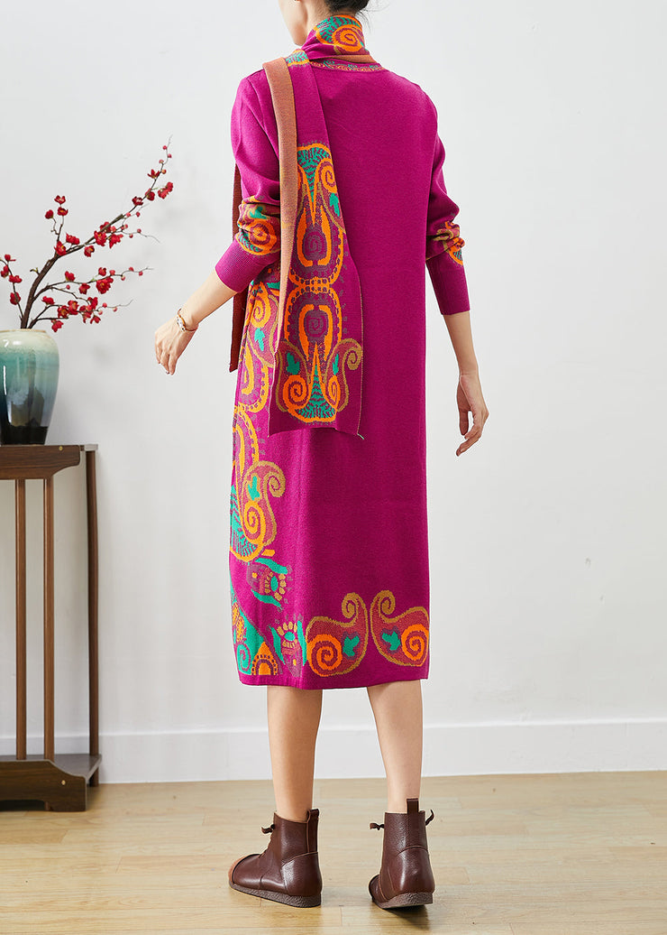 Beautiful Rose Print Complimentary Scarf Knit Dress Fall