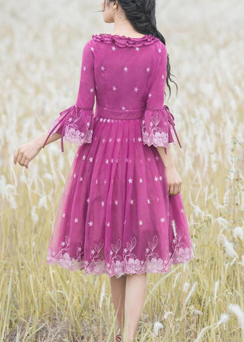 Beautiful Rose Ruffled Embroideried Lace Up Tulle Dresses Flare Sleeve