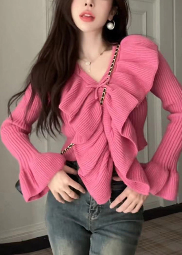 Beautiful Rose Ruffled Patchwork Cotton Knit Sweaters Spring