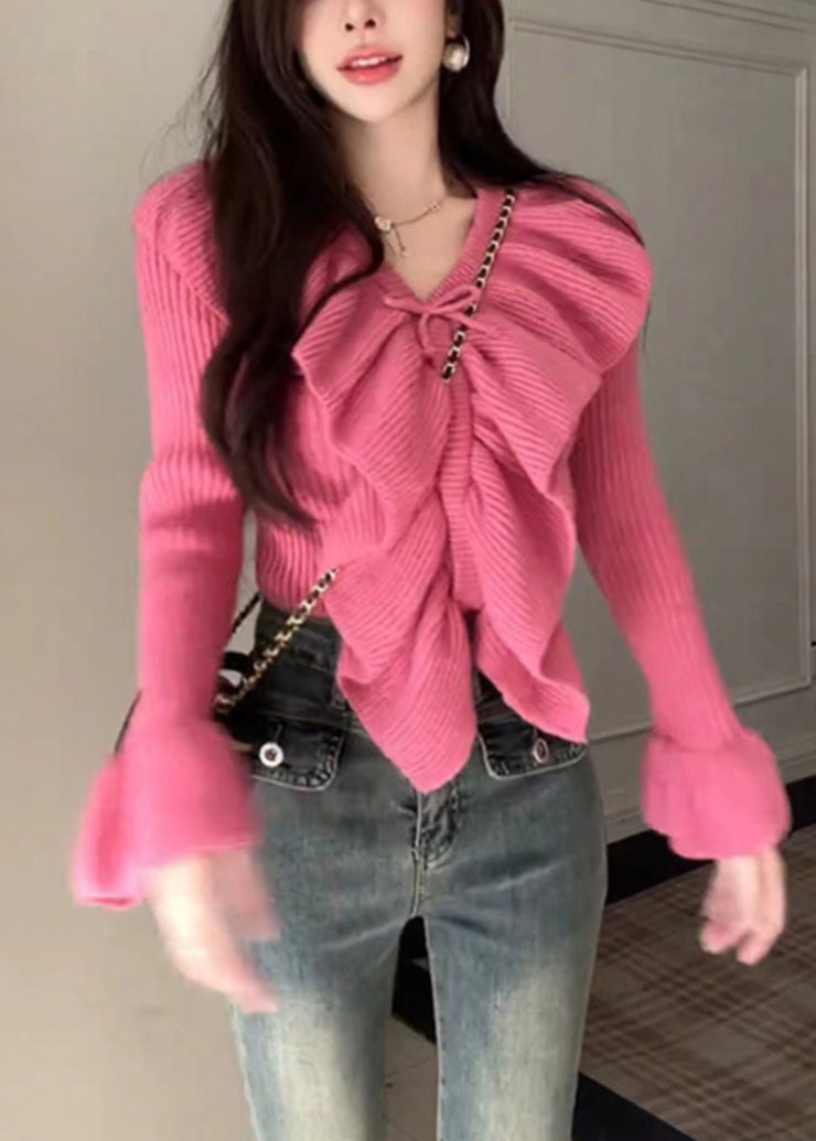 Beautiful Rose Ruffled Patchwork Cotton Knit Sweaters Spring