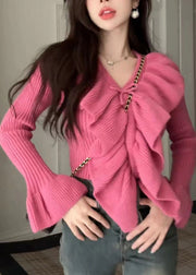 Beautiful Rose Ruffled Patchwork Cotton Knit Sweaters Spring