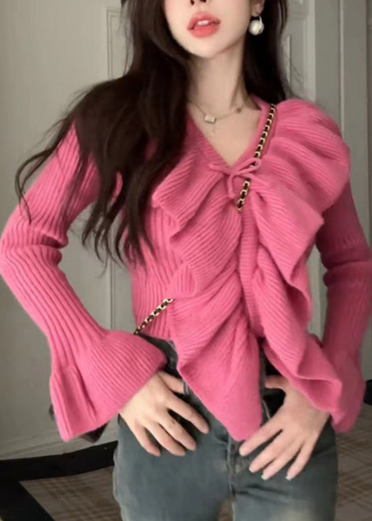 Beautiful Rose Ruffled Patchwork Cotton Knit Sweaters Spring