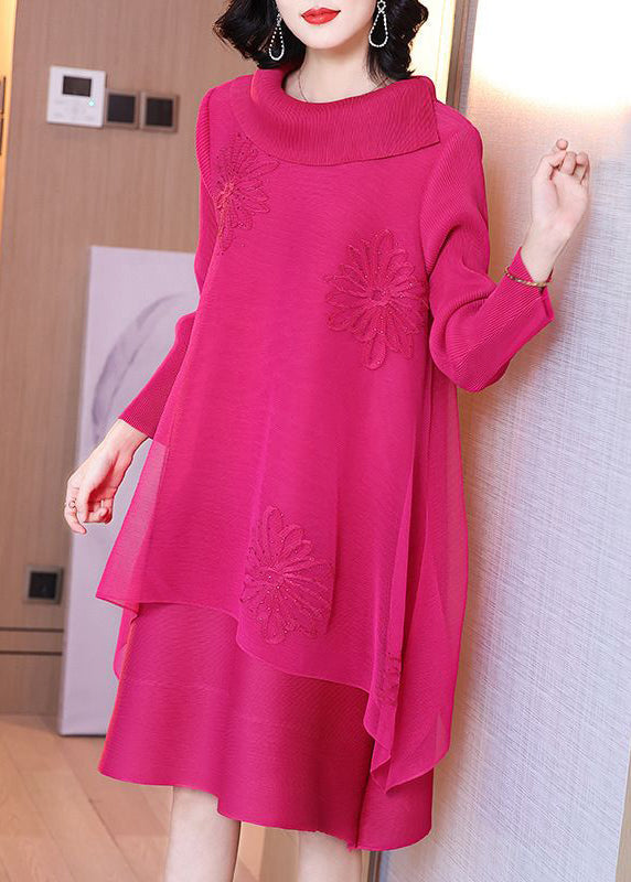 Beautiful Rose Turtleneck Zircon Patchwork Tulle Dresses Spring