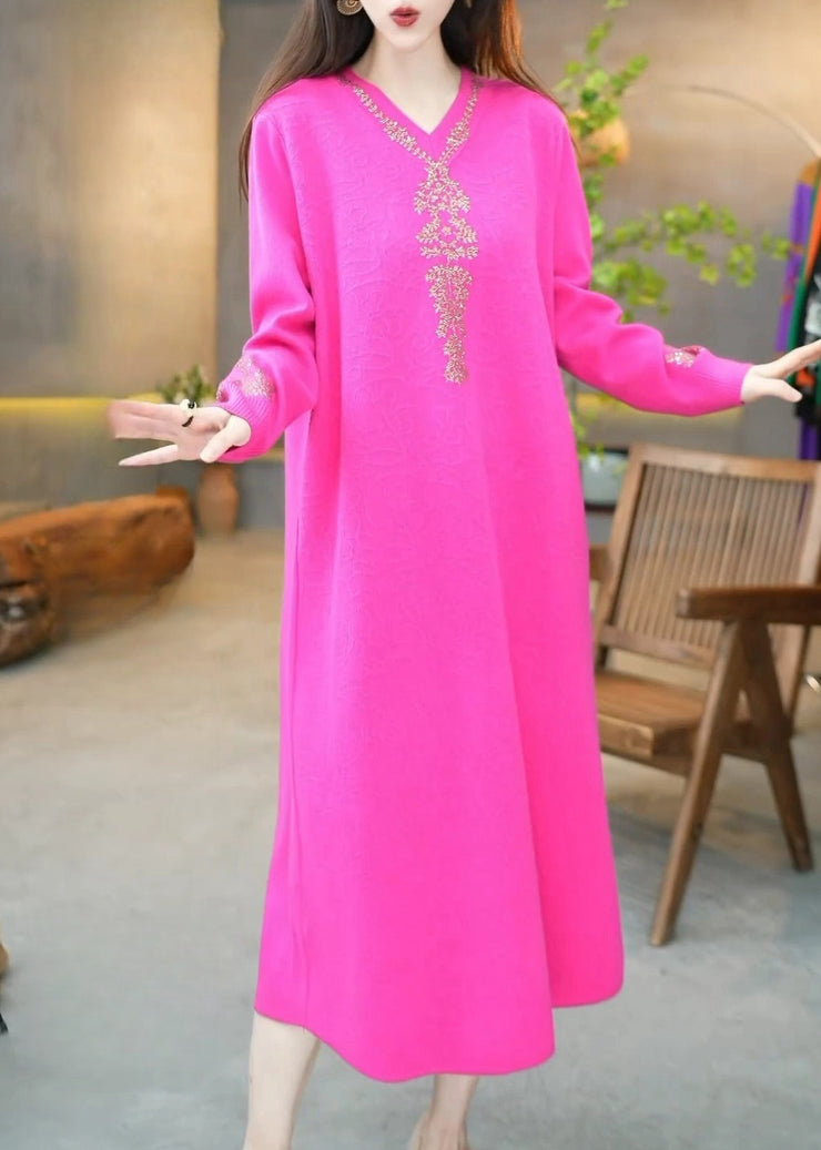 Beautiful Rose V Neck Zircon Knit Long Dress Winter