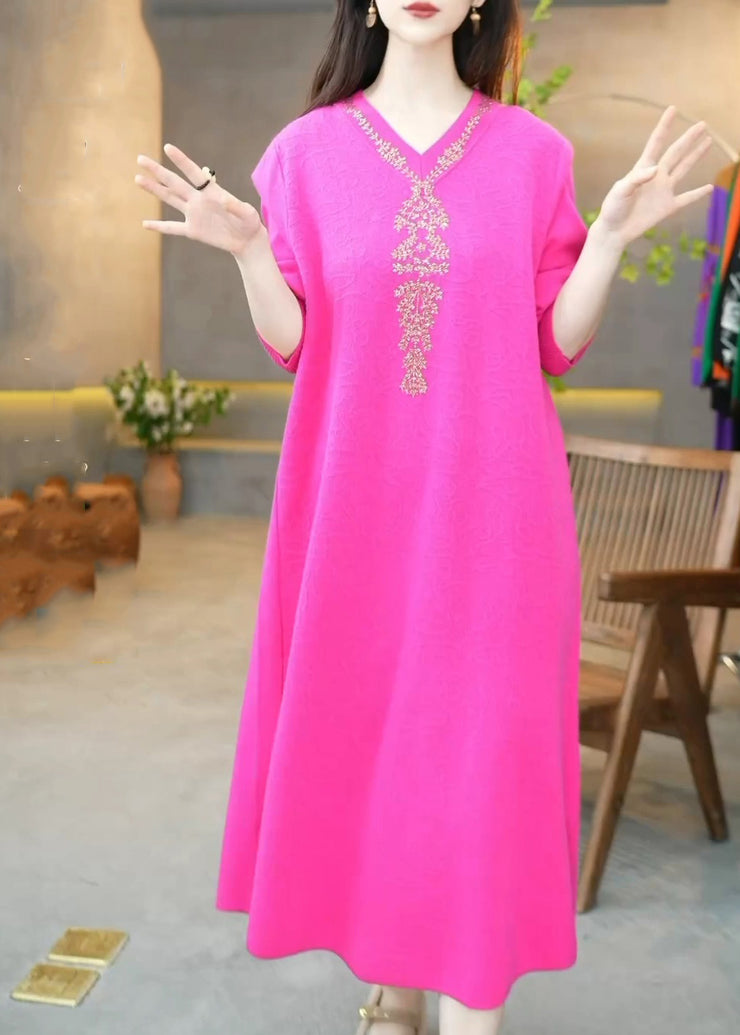 Beautiful Rose V Neck Zircon Knit Long Dress Winter