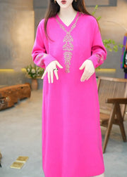 Beautiful Rose V Neck Zircon Knit Long Dress Winter