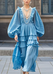 Beautiful Sea Blue V Neck Ruffled Ankle Dress Lantern Sleeve