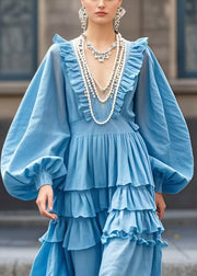 Beautiful Sea Blue V Neck Ruffled Ankle Dress Lantern Sleeve