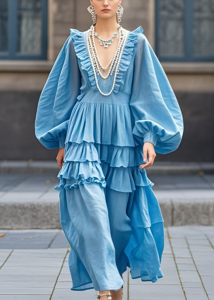 Beautiful Sea Blue V Neck Ruffled Ankle Dress Lantern Sleeve