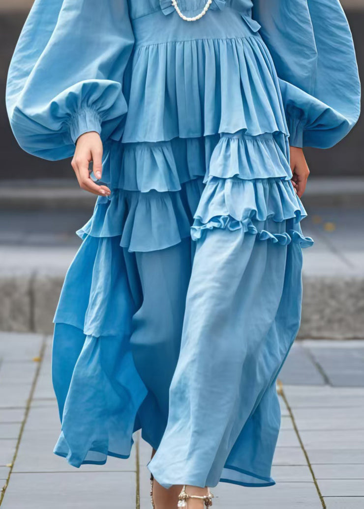 Beautiful Sea Blue V Neck Ruffled Ankle Dress Lantern Sleeve