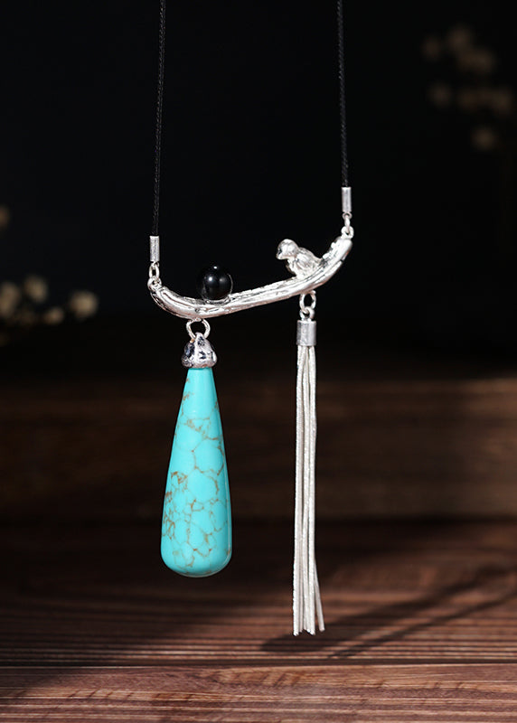 Beautiful Silk Copper Turquoise Black Agate Magpie Pendant Necklace