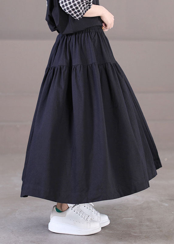 Beautiful Solid Black Elastic Waist Patchwork Cotton Pleated Skirt Summer