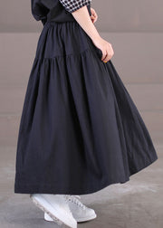 Beautiful Solid Black Elastic Waist Patchwork Cotton Pleated Skirt Summer