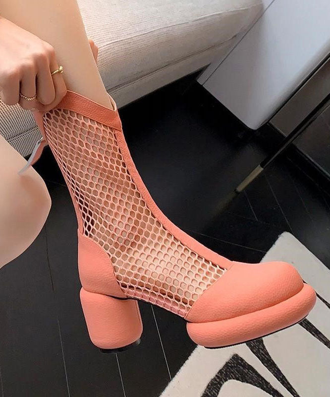 Beautiful Splicing Chunky Boots Pink Breathable Mesh Hollow Out