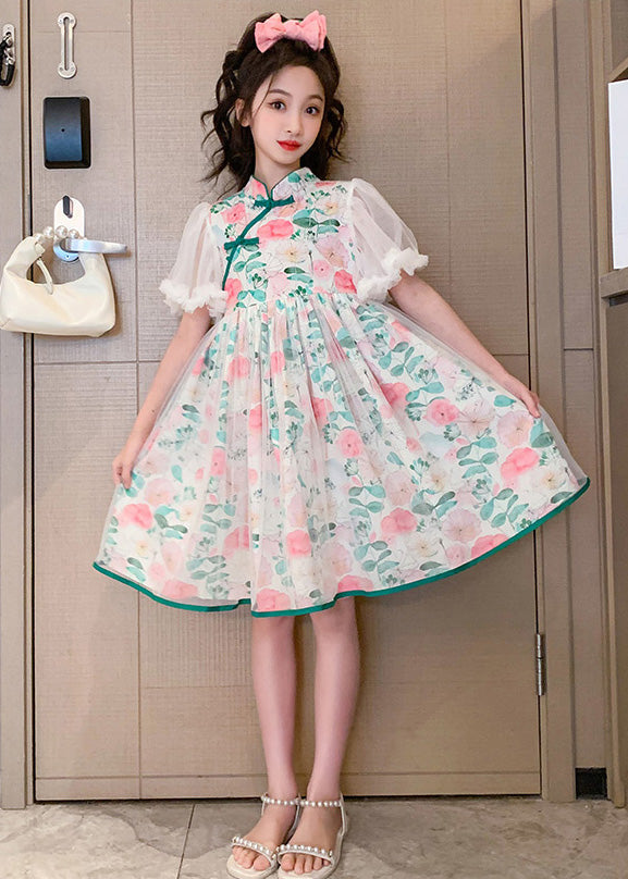 Beautiful Stand Collar Tulle Patchwork Button Girls Mid Dress Summer