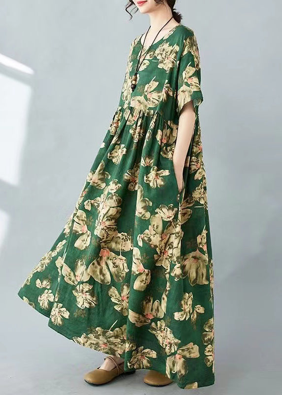 Beautiful Tea Green Oversized Print Cotton Holiday Dress Summer