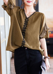 Beautiful Tea Green V Neck Ruffled Lace Patchwork Cotton Shirt Tops Summer