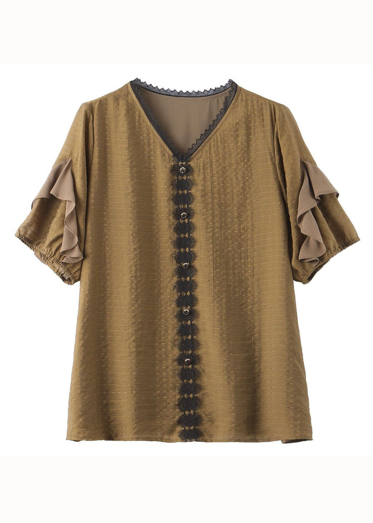 Beautiful Tea Green V Neck Ruffled Lace Patchwork Cotton Shirt Tops Summer