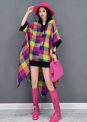 Beautiful V Neck Asymmetrical Low High Design Plaid Dress Long Sleeve