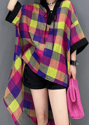 Beautiful V Neck Asymmetrical Low High Design Plaid Dress Long Sleeve