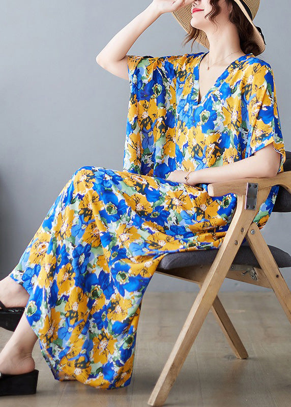 Beautiful V Neck Print Satin Long Dresses Short Sleeve