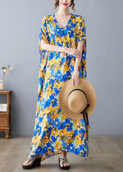 Beautiful V Neck Print Satin Long Dresses Short Sleeve