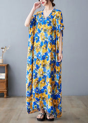 Beautiful V Neck Print Satin Long Dresses Short Sleeve