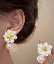 Beautiful White Acrylic Alloy Pearl Floral Drop Earrings