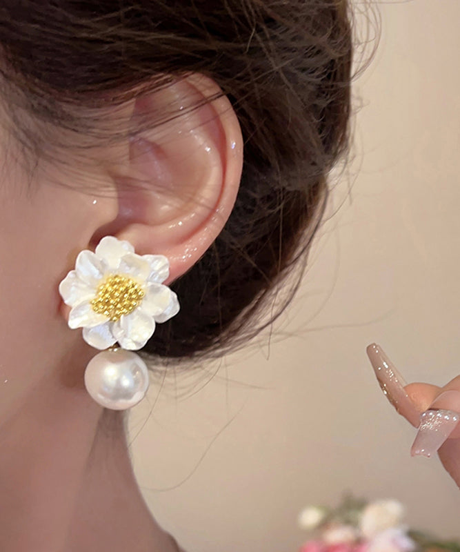 Beautiful White Acrylic Alloy Pearl Floral Drop Earrings