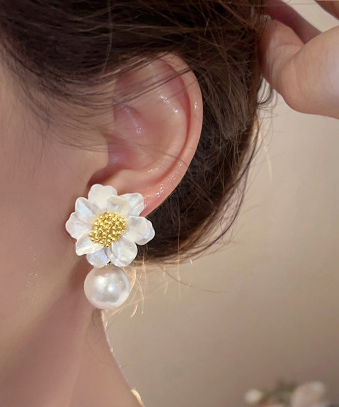 Beautiful White Acrylic Alloy Pearl Floral Drop Earrings