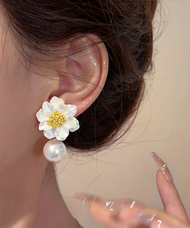 Beautiful White Acrylic Alloy Pearl Floral Drop Earrings