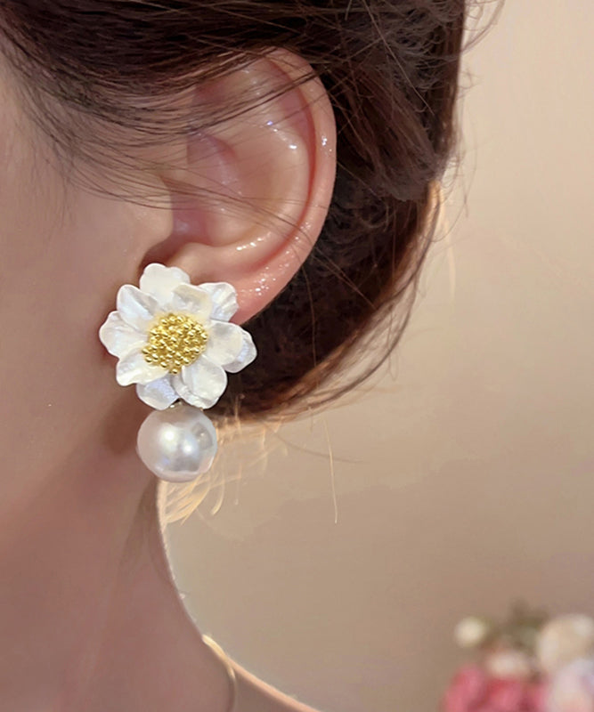 Beautiful White Acrylic Alloy Pearl Floral Drop Earrings