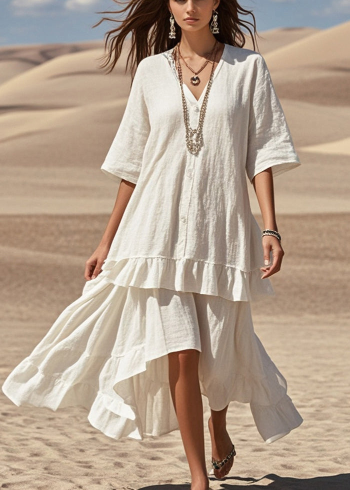 Beautiful White Asymmetrical Patchwork Cotton Holiday Dress Summer