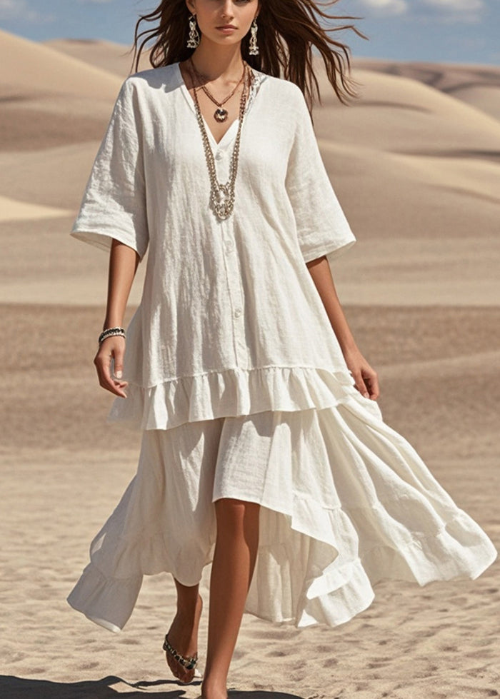 Beautiful White Asymmetrical Patchwork Cotton Holiday Dress Summer