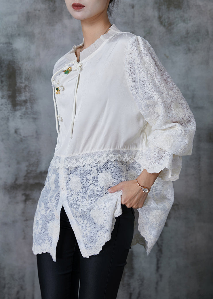 Beautiful White Chinese Button Patchwork Lace Shirts Summer