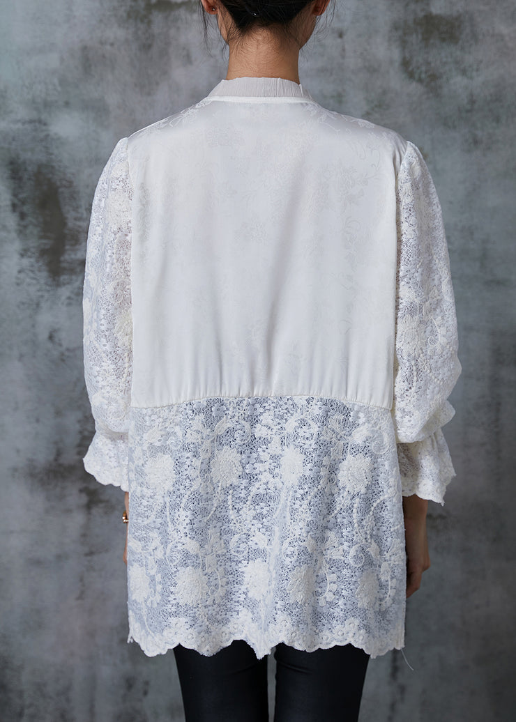 Beautiful White Chinese Button Patchwork Lace Shirts Summer