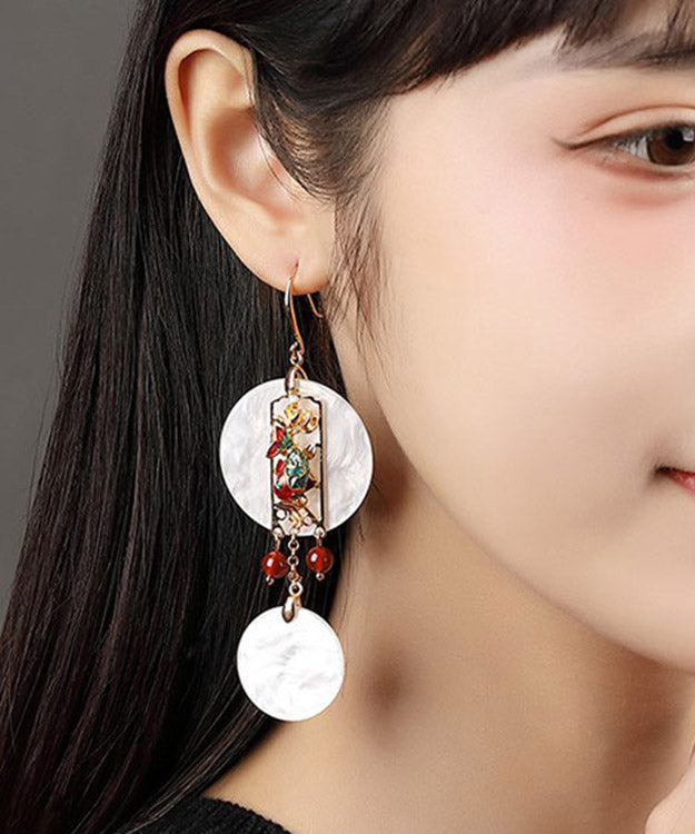 Beautiful White Copper Cloisonne Agate Floral Drop Earrings