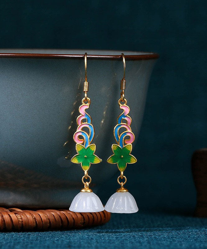 Beautiful White Copper Overgild Floral Lotus Seedpod Drop Earrings