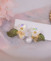 Beautiful White Copper Overgild Pearl Acrylic Floral Stud Earrings