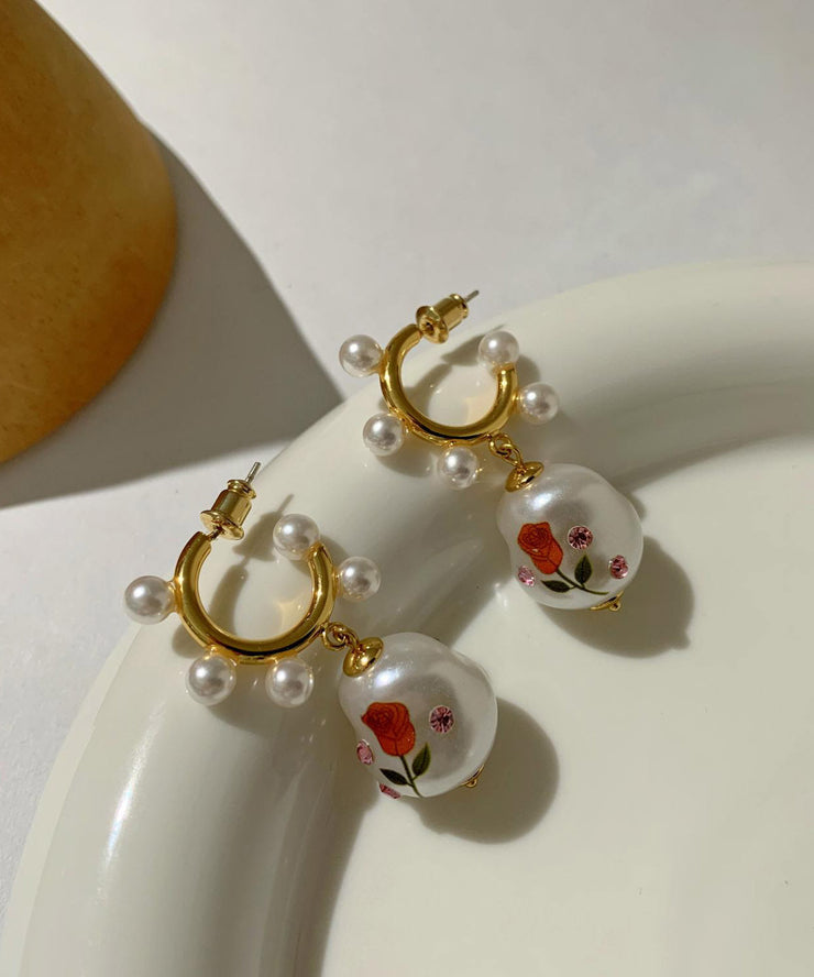 Beautiful White Copper Overgild Zircon Pearl Rose Floral Hoop Earrings