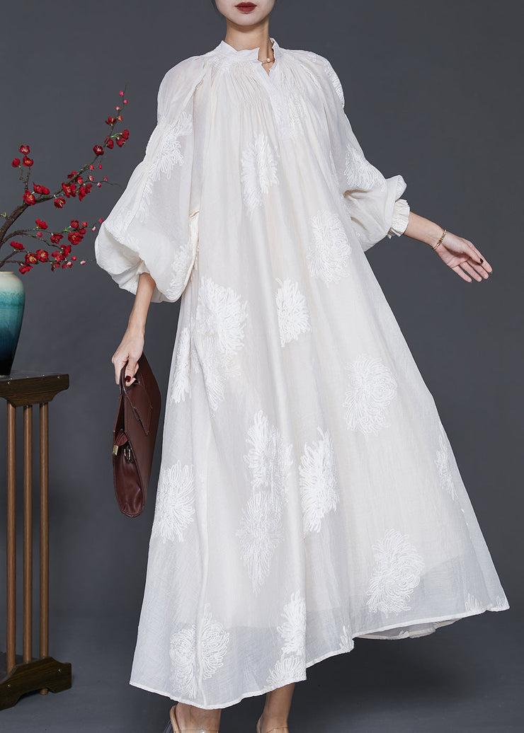 Beautiful White Embroidered Silk Maxi Dress Lantern Sleeve