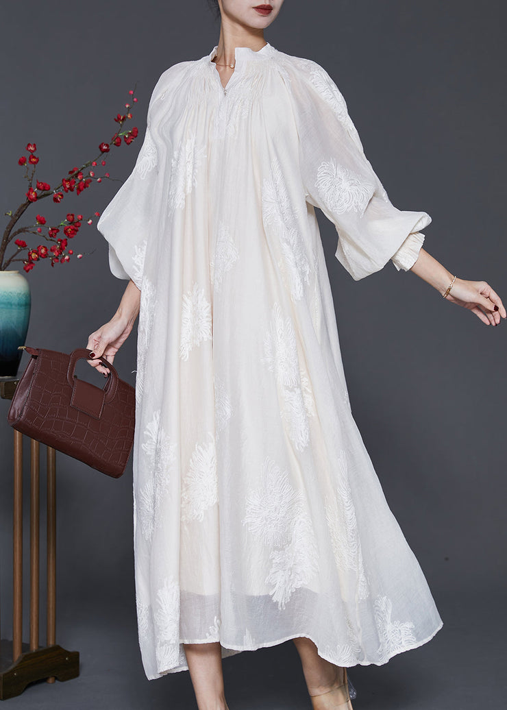 Beautiful Off White Embroidered Silk Maxi Dress Lantern Sleeve