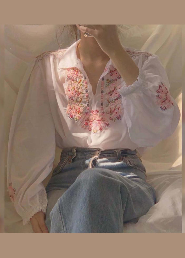 Beautiful White Embroidered Patchwork Chiffon Shirt Fall