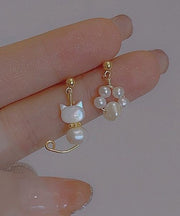 Beautiful White Gold Copper Overgild Pearl Little Cats Asymmetric Drop Earrings