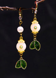 Beautiful White Jade Leaf Metal Drop Earrings 2024 new style
