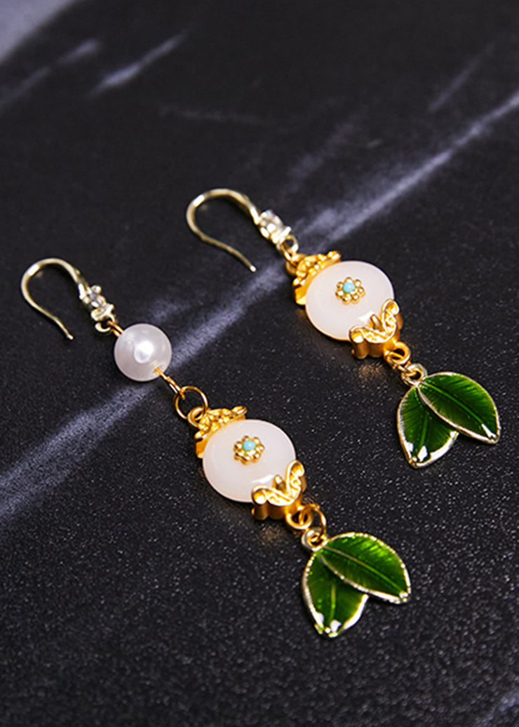 Beautiful White Jade Leaf Metal Drop Earrings 2024 new style